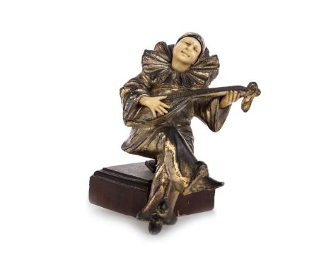 ART DECO BRONZE AND IVORY PIERROT FIGURE, 1920-30  modelled seated, playing lute, on hardwood baseThis lot contains elephant 