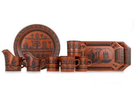 SCOTTIE WILSON FOR ROYAL WORCESTER, 'CROWN WARE' PATTERN TEA AND DINNER SERVICE, 1960-69 comprising coffee pot, six cups, sau