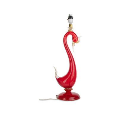 MURANO RUBY GLASS TABLE LAMP, 1960-80 modelled as a swan, the applied clear glass detail with gold leaf inclusions with appli