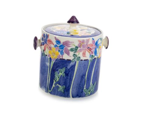 RICHARD ARMOUR FOR BOUGH POTTERY, PAINTED CERAMIC ICE BUCKET, CIRCA 1920-40 of cylindrical form with cover, twin knop handles