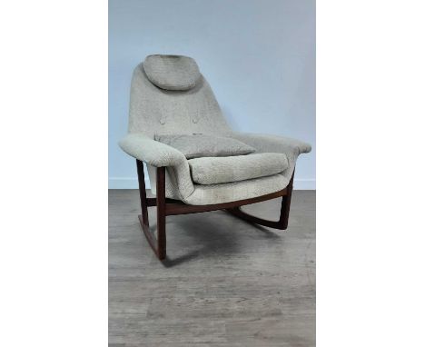GIMSON & SLATER, SET OF THREE TEAK FRAMED LOUNGE CHAIRS, 1960-69 comprising two armchairs and a rocking chair, each upholster