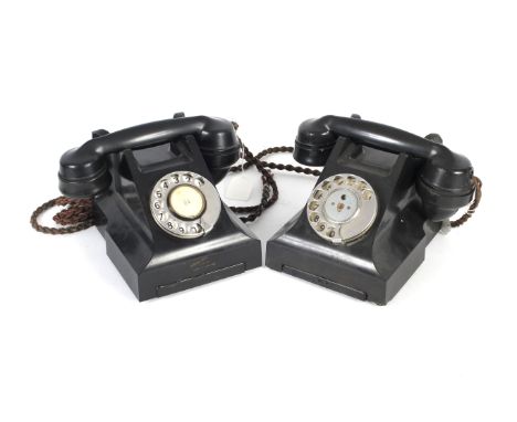 Two vintage rotary dial black Bakelite telephones. One with GPO No 164 handset and false drawer, the other with drawer and ha