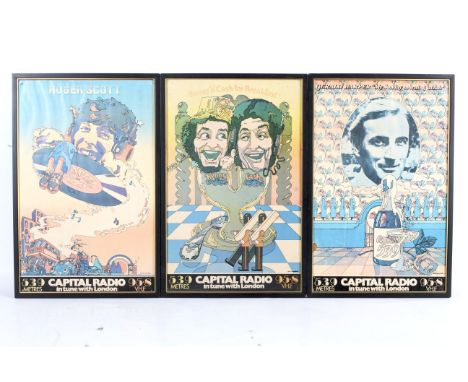 Three vintage 1970s Capital Radio 539 London advertising posters. Illustration by Mick Greenslade Kenny 'n' Cash Breakfast, G