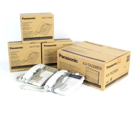A Panasonic office telephone system KX-TA308BX boxed. With three Panasonic proprietary telephone KX-T7730X twelve button spea