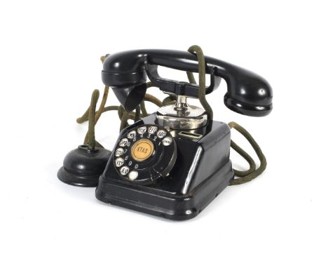KJOBENHAVENS TELEFON vintage Danish rotary dial cradle telephone. With white enamel dial and original wires in a black enamel