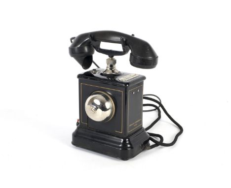 JYDSK TELEFON antique Danish desk telephone. With crank handle and chrome bell, in a black enamel case, H31cm 
