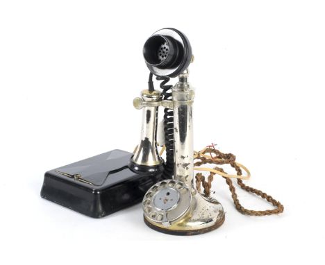 A vintage candlestick rotary dial telephone stamped No 2, with bell box. Bakelite mouth piece, chrome finish with replacement