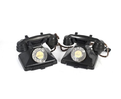 Two rotary pyramid black Bakelite 232 telephones with drawer. Both converted with BT plug 
