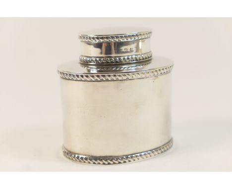 George V silver tea caddy, by Mappin &amp; Webb, Birmingham 1913, plain oval section with gadrooned borders, height 9cm, weig