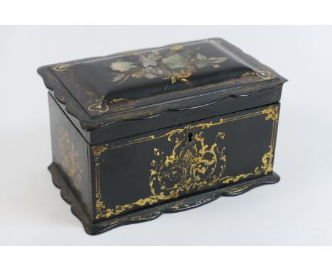 Victorian papier mache tea caddy, circa 1850, rectangular form with hinged cover decorated with a floral spray in mother of p