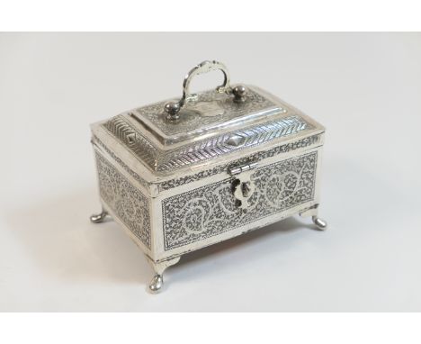 Indian military presentation white metal tea caddy, rectangular form with a domed hinged cover with handle, and inscribed to 
