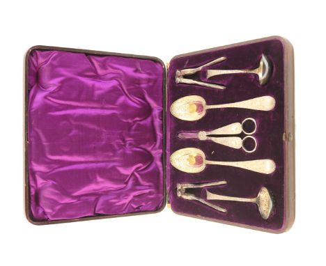 Victorian gilt electroplated fruit and nut set, circa 1885, comprising two fruit spoons, grape scissors, sauce ladle, sugar s