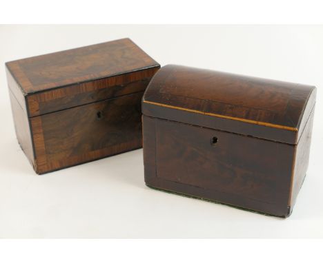 George IV mahogany dome topped tea caddy, crossbanded throughout and opening to a comparted interior, width 18cm, height 14cm