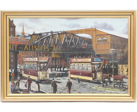 Doug Kewley (b.1938), Vintage scene of trams on Liverpool dock side, signed oil on canvas, dated 1982, 40cm x 64cm 