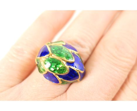 Italian 18ct gold and enamelled dress ring, worked as overlapping leaves in green and blue enamel, on a yellow gold ring, siz