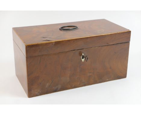 Regency mahogany tea caddy, circa 1820, having two wooden caddies to the inside around a vacant well for a mixing bowl, width