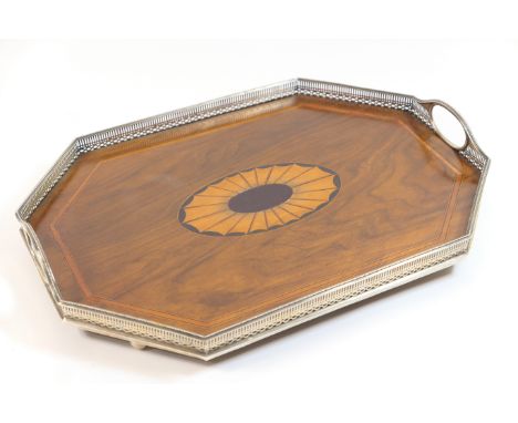 Late Victorian silver walnut and marquetry serving tray, maker CF, Sheffield 1882, canted rectangular form centred with a sat