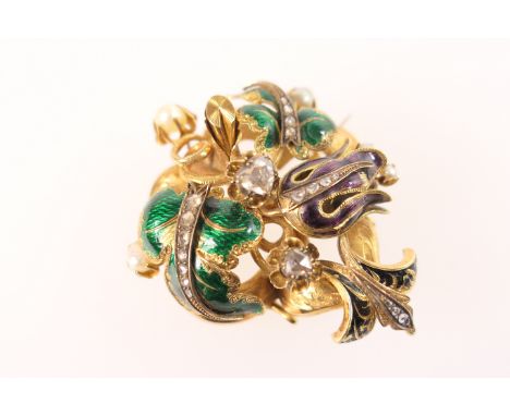 Continental rose diamond, pearl and enamelled brooch, 19th Century, worked as vine leaves and tendrils supporting a central r