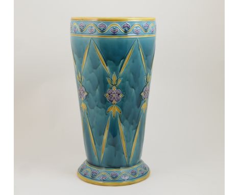 Minton Secessionist majolica stick stand, date code for 1914, tapered cylinder form decorated with stylised flowerheads with 