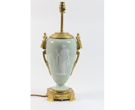 French ormolu mounted Limoges pate-sur-pate table lamp, the celadon body worked in white slip with a Grecian maiden, mounted 