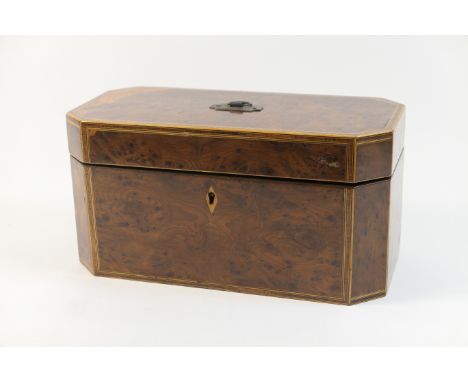 Regency yewood tea caddy, canted rectangular form opening to reveal a single lidded wooden caddy and receptacle for a further