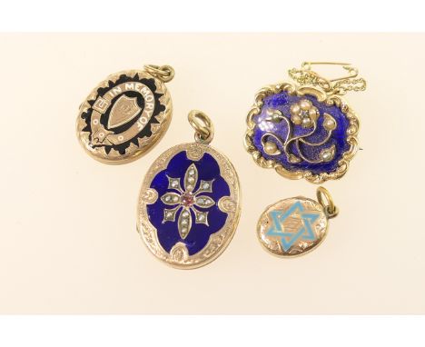 Victorian pearl and blue enamel brooch, set in unmarked yellow metal with locket back and safety chain, 28mm; also a Victoria