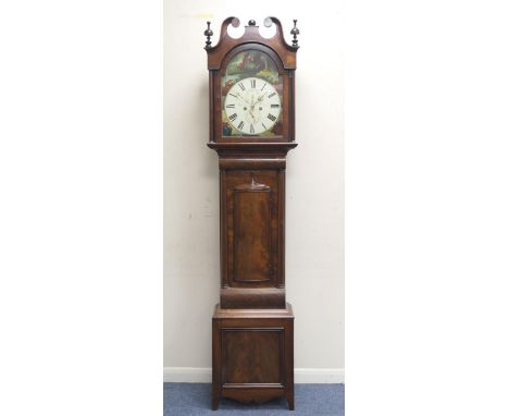 Robertson of Forfar, Scottish mahogany eight day longcase clock, painted arched dial, the spandrels representing the seasons,