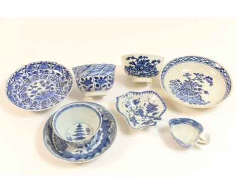 Caughley blue and white printed tea bowl and saucer, in the quail pattern, circa 1780; also a Worcester fruiting vines leaf p