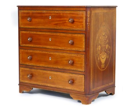 French walnut and marquetry chest of drawers, the top centred with an oval inlay with an urn of flowers in a variety of woods