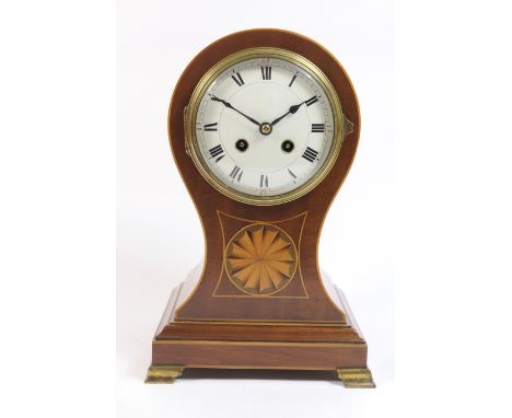 French mahogany and inlaid balloon mantel clock, white enamelled dial with Roman numerals, the movement striking on a gong, w