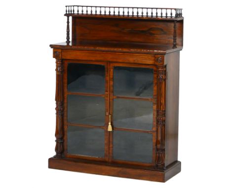 Good George IV rosewood chiffonier, circa 1825, the back with a bobbin turned rail and single shelf supported on carved, reed