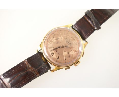 Ultimor 18ct gold gent's chronograph wristwatch, circa 1950s, 34mm gold finish dial with subsidiary dials, baton and Arabic n