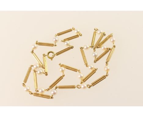Attractive 14ct yellow gold and pearl choker necklace, the cultured pearls of uniform size and colour, dispersed with reeded 
