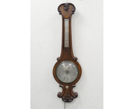 Early Victorian mahogany wheel barometer, circa 1840, 19.5cm main silvered dial, with silvered thermometer, turned bone adjus
