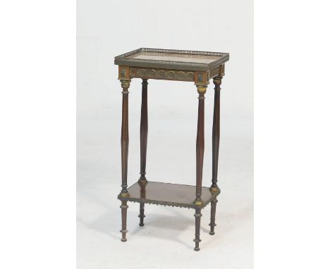 French walnut jardiniere stand, late 19th Century, the rectangular composite marble top with brass gallery over a frieze with