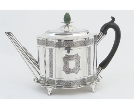 George III silver teapot on stand, by Henry Chawner, London 1792, the fluted teapot with ebony pineapple finial and ebony han