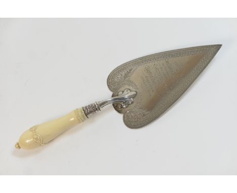 Victorian silver presentation trowel, by Edward Hutton, London 1884, typically inscribed and engraved with fern decoration 'L