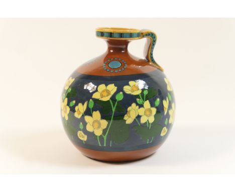 Foley Intarsio pottery jug, probably decorated by Frederick Rhead, circa 1890, decorated with a band of marsh marigolds in ye