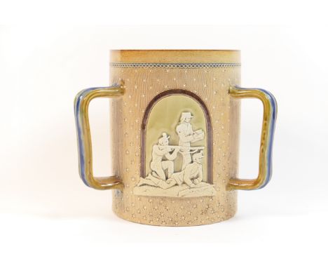 Doulton Lambeth stoneware military tyg, commemorating the war in Sudan, 1883, with three moulded panels featuring soldiers in