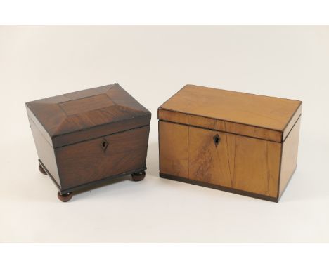 Late Regency satinwood tea caddy, circa 1810-20, rectangular form with ebony stringing, opening to two mahogany caddy covers,