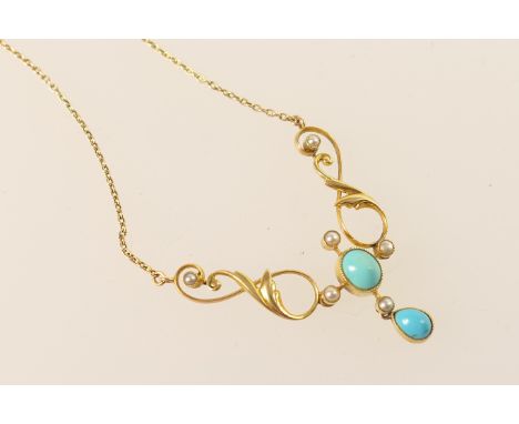 Edwardian 15ct gold turquoise and pearl pendant necklace, centred with a cross form with cabochon oval turquoise and with a p