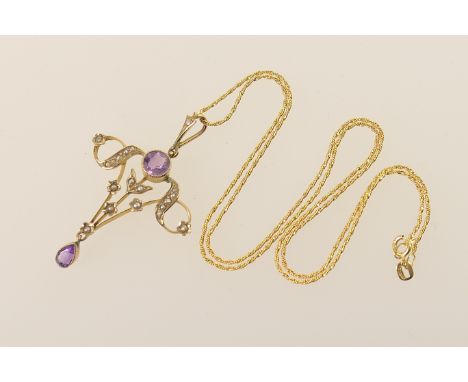 Amethyst and pearl openwork pendant necklace, the pendant worked as foliate fronds centred with a round cut amethyst and with