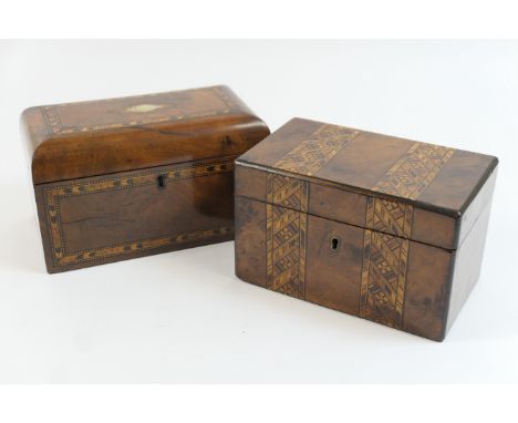 Victorian walnut and parquetry inlaid tea caddy, domed rectangular form, the hinged cover centred with a mother of pearl loze