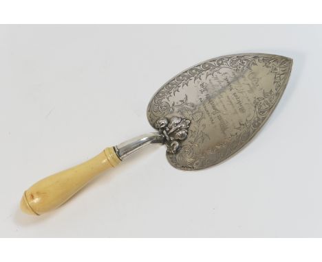 Victorian silver presentation trowel, Sheffield 1862, typically inscribed for laying the foundations of the Wesleyan School, 