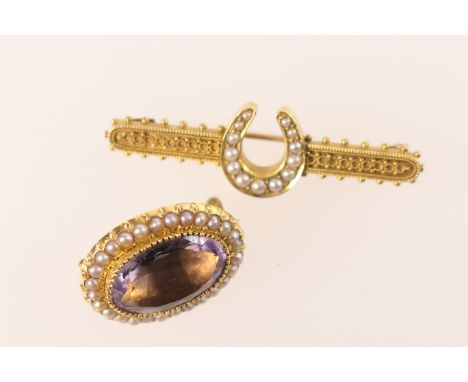 Victorian amethyst and pearl brooch, circa 1880, the oval cut amethyst approx. 16mm x 12mm, bordered with pearls and set in u
