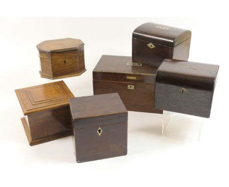 Late Victorian amboyna tea caddy, rectangular form, the hinged cover inset with a metal label inscribed 'Tea', 23cm; also two