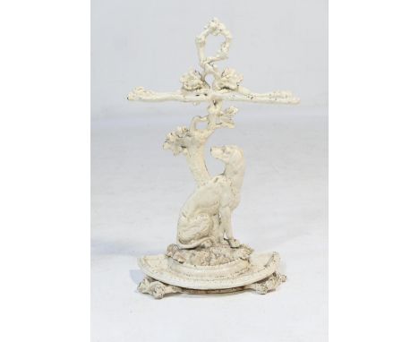 Victorian painted cast iron stick stand, formed as a hound seated beneath an oak tree, with demi-lune drip tray, height 73cm,