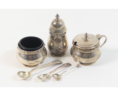 Modern silver three piece condiment, by Goldsmiths &amp; Silversmiths Company, Birmingham 1951, comprising baluster pepper po
