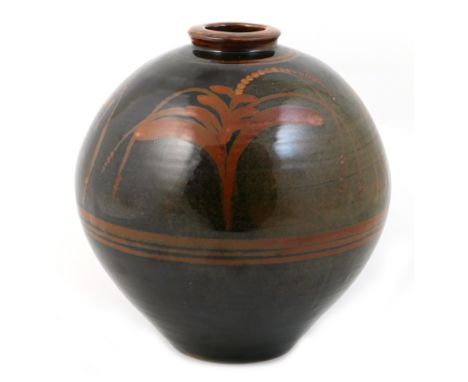 David Leach (1911-2005), large stoneware globular jar, decorated throughout in a tamaku glaze detailed with stylised wild flo