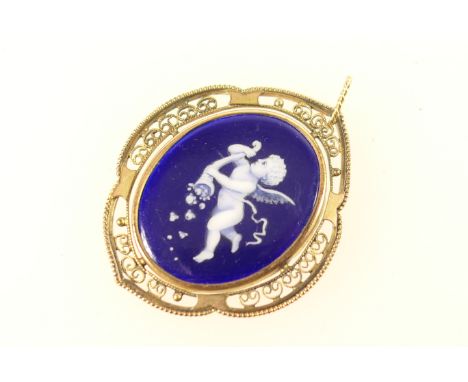 Limoges style enamel pendant, early 20th Century, worked as a winged cherub releasing the fruits of a cornucopia in white aga